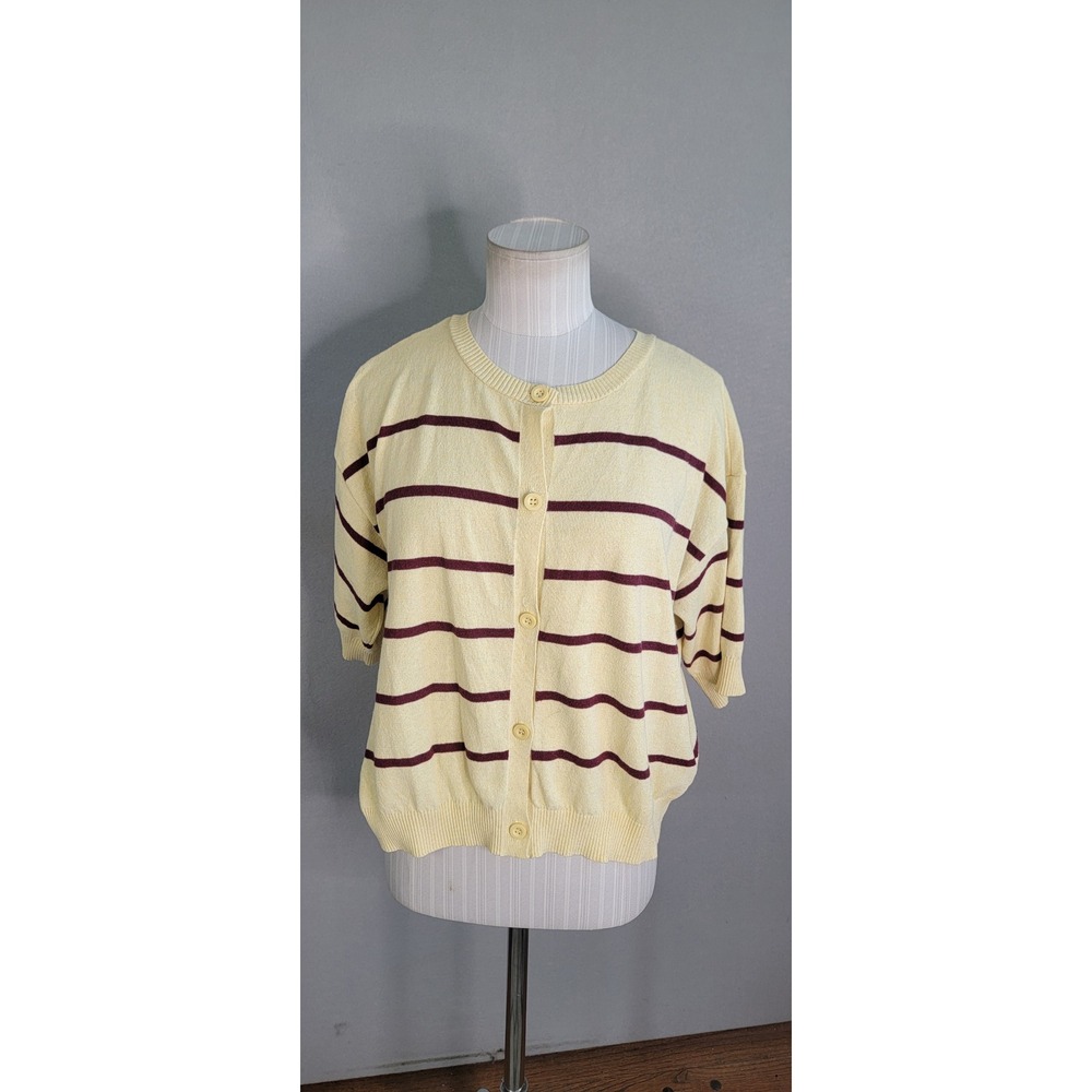 Maeve Cardigan Small Yellow Burgundy Striped Short Sleeve Anthropologie